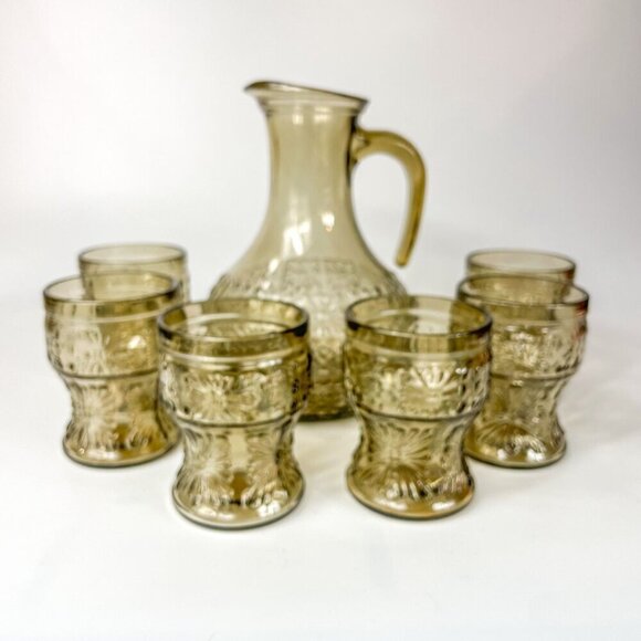 Vintage Italian Smoky Amber Glass Embossed Floral Design Pitcher 6 Tumblers Set - Picture 1 of 9